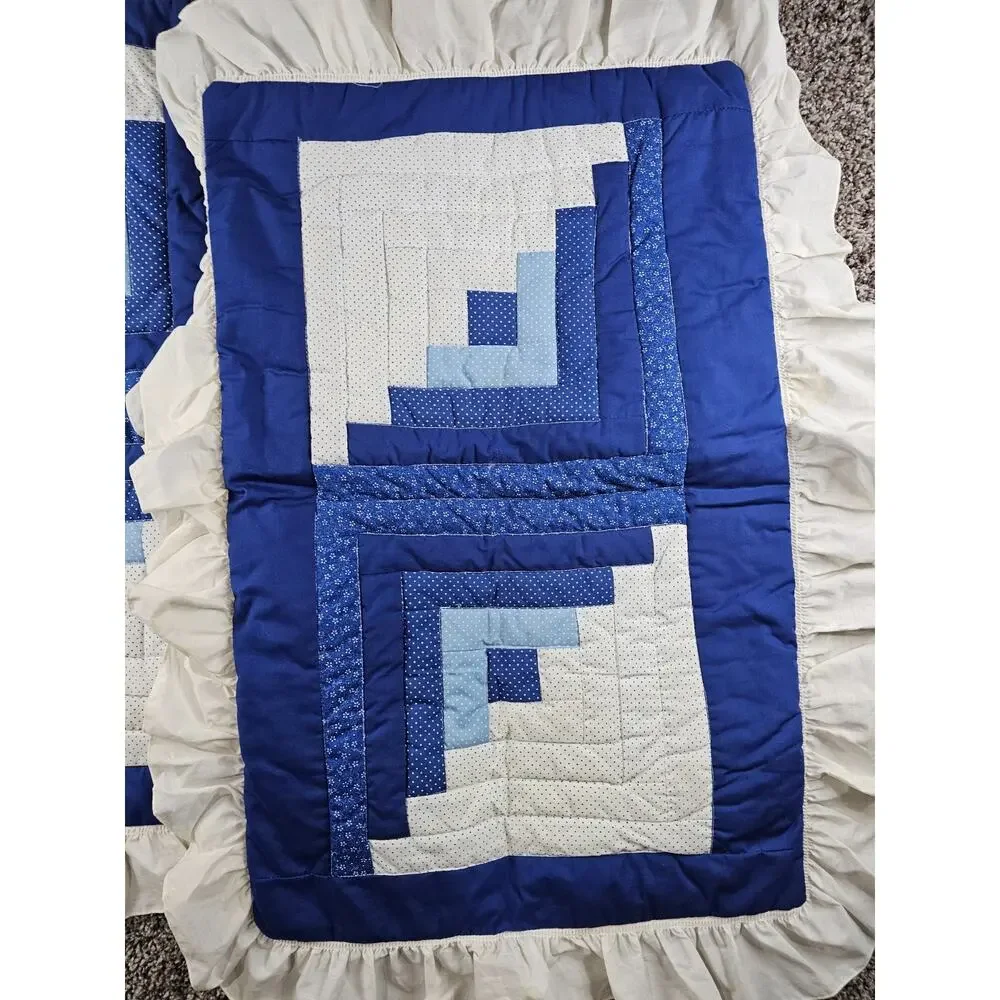 Set of 2 Vintage Handmade King Size Pillow Shams Blue White Quilted